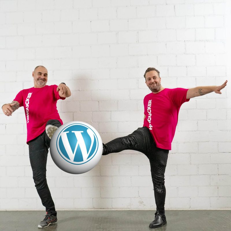 Webagentur Hingucker – Urs Wohlgemuth und Jan Baur mit einem WordPress-Ball